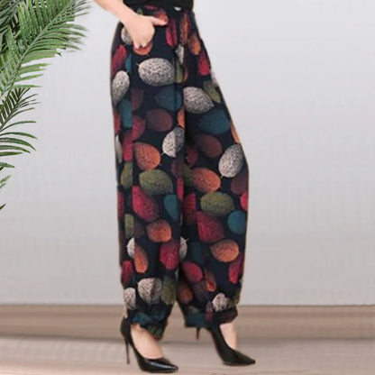 High Waist Lantern Pants Casual Cotton Silk Large Size Printed Long Trousers for Middle-Aged And Elderly Women