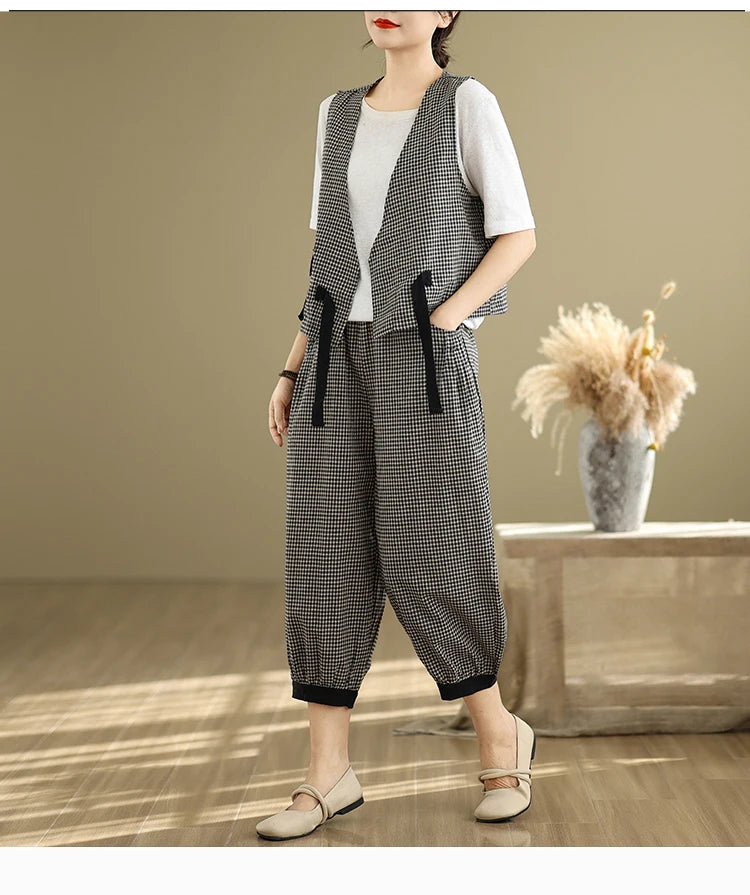 Fashionable Cotton Linen Plaid Set Casual Loose V-neck Tank Top And Lantern Pants Eighteen Loose Two-piece Set for Women