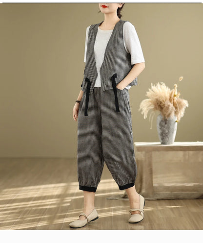 Fashionable Cotton Linen Plaid Set Casual Loose V-neck Tank Top And Lantern Pants Eighteen Loose Two-piece Set for Women