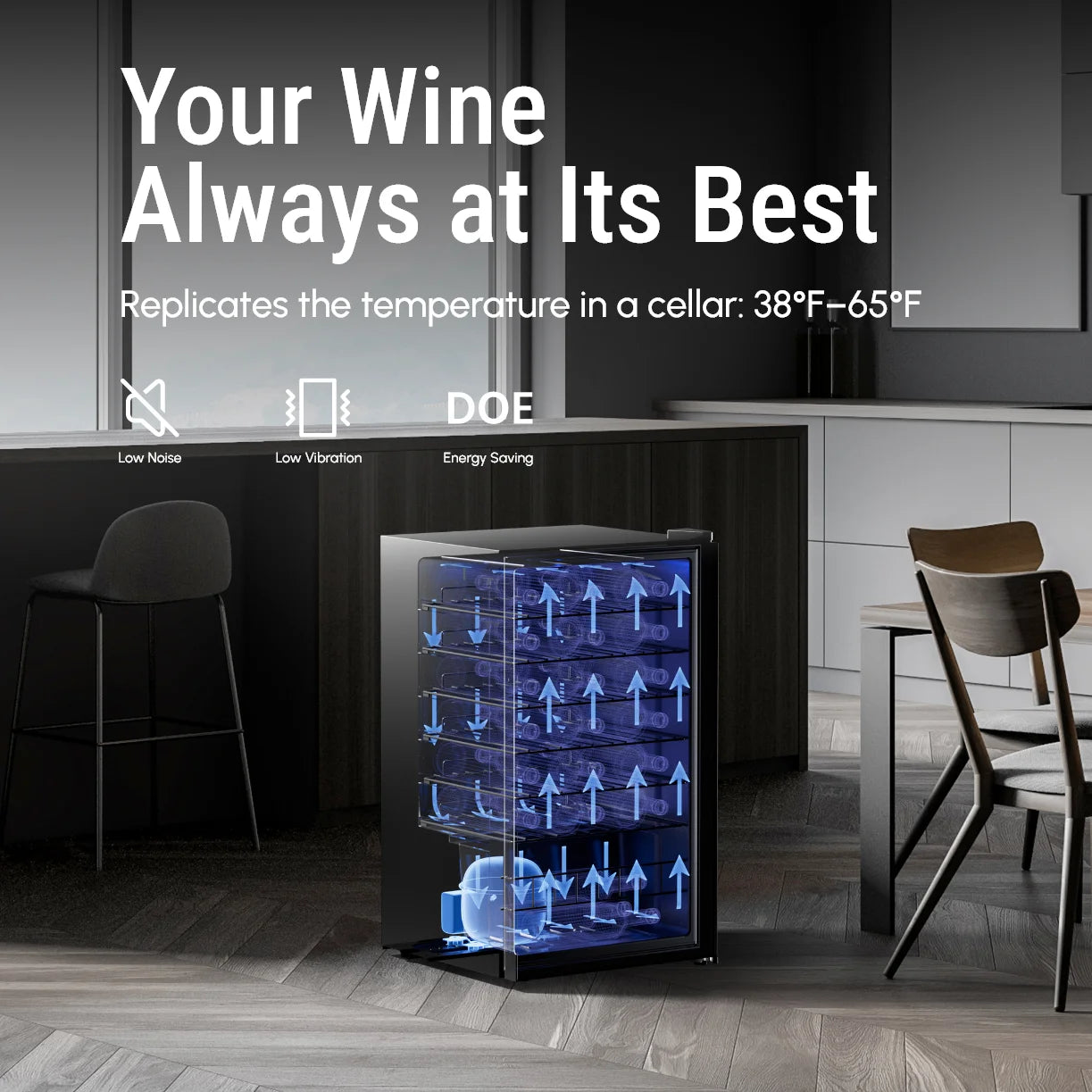 34 Bottle Single Zone Compressor Wine Cooler, Freestanding Wine Refrigerator Digital Touch Control 37-65°F Blue Interior Light Wine Storage Cabinet for Home Bar