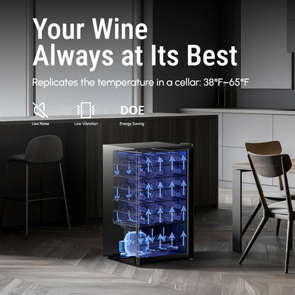 34 Bottle Single Zone Compressor Wine Cooler, Freestanding Wine Refrigerator Digital Touch Control 37-65°F Blue Interior Light Wine Storage Cabinet for Home Bar