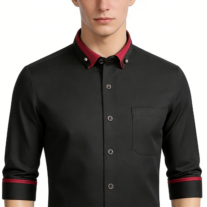 Fashion Color Contrast Men's Elastic Non-iron Long-sleeved Business Shirts Diamond Button Single Pocket Comfort Workwear Clothes