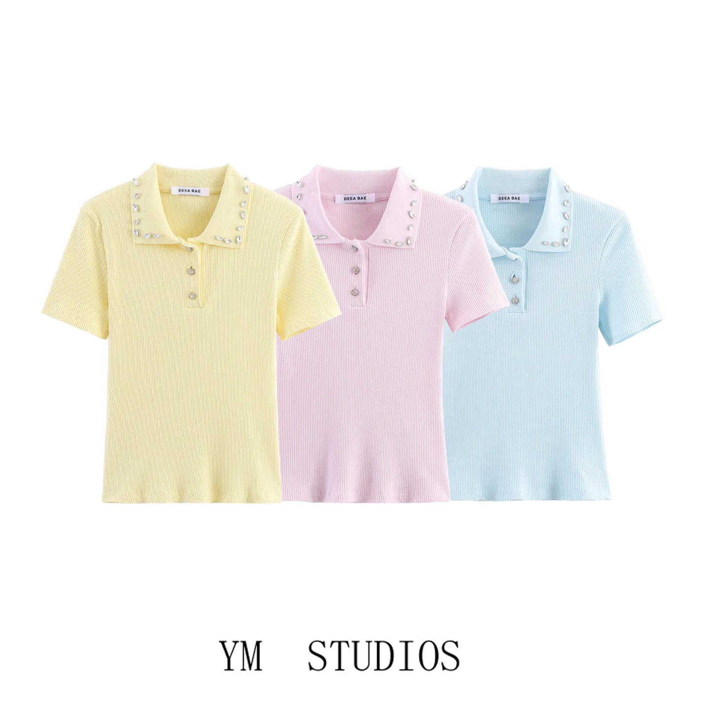Retro American Diamond Embedded Short Sleeve Knitted T-shirt Women's Sweet Anti-aging Top Jewelry Collar Turn-down Collar