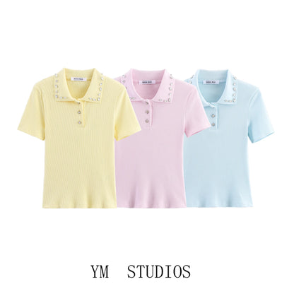 Retro American Diamond Embedded Short Sleeve Knitted T-shirt Women's Sweet Anti-aging Top Jewelry Collar Turn-down Collar