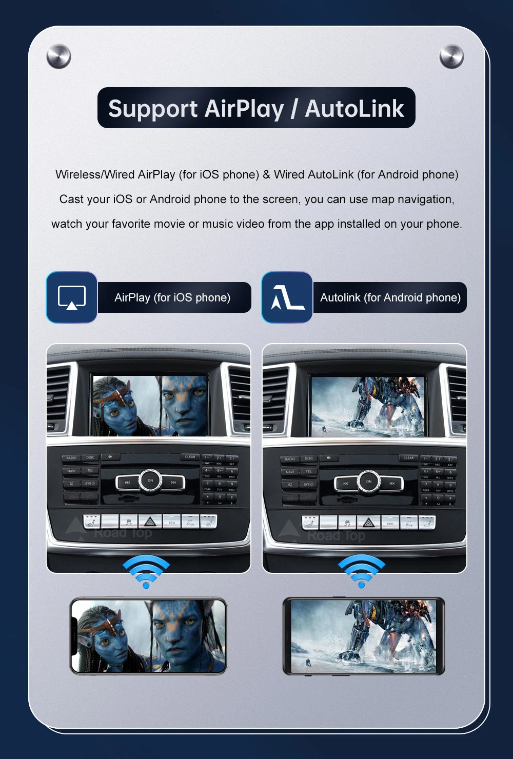Road Top Wireless CarPlay Android Auto for Mercedes Benz ML GL W166 X166 2012-2015, with Mirror Link AirPlay Car Play Functions