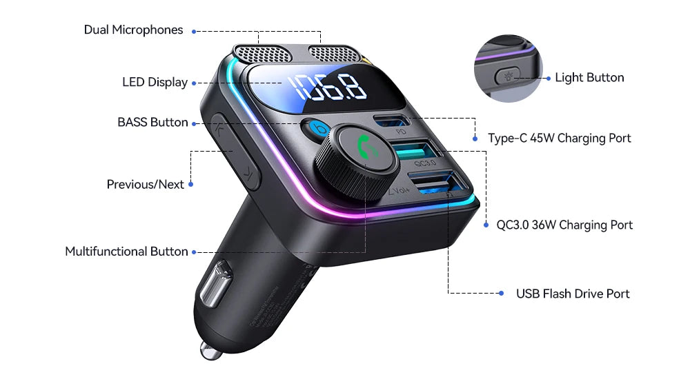 JOYROOM 81W Bluetooth 6.0 Car FM Transmitter Dual Mics PD&QC 3.0 Car Fast Charging Charger Adapter U Disk Hands-Free Calling