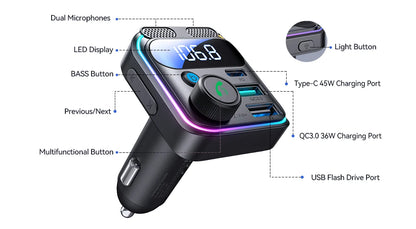JOYROOM 81W Bluetooth 6.0 Car FM Transmitter Dual Mics PD&QC 3.0 Car Fast Charging Charger Adapter U Disk Hands-Free Calling