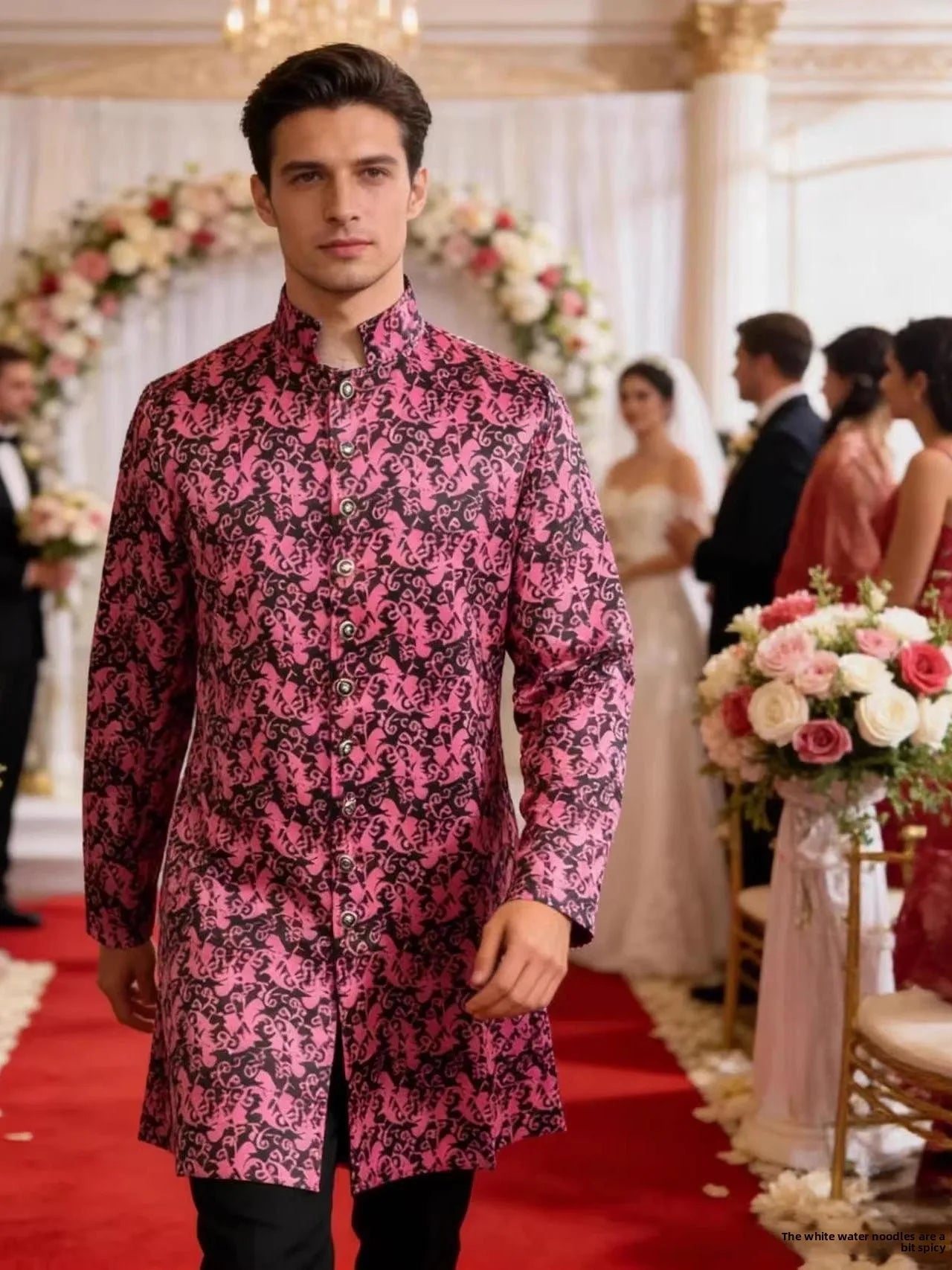 Medieval Men's Kurta Sherwani Jacket Shiny Wedding Robe  Collar Ethnic Clothing Polyester Fiber 100% Printed Design