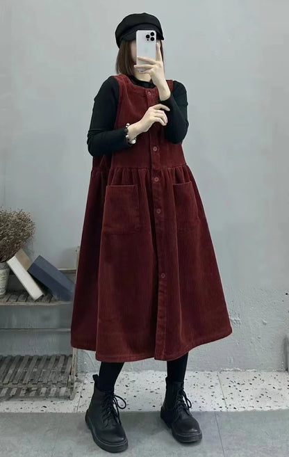 Retro Korean Style Corduroy Dress with Pockets Autumn Winter Loose Slimming Long Dress for Women Casual A-Line Skirt
