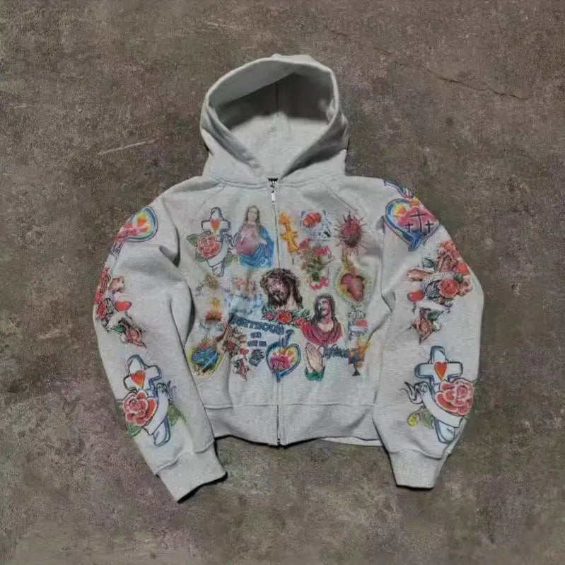 Cartoon Print Hooded Zipper Sweatshirt Loose Fit Comfortable Long Sleeve Women's Casual Streetwear Fashion Sweatshirt