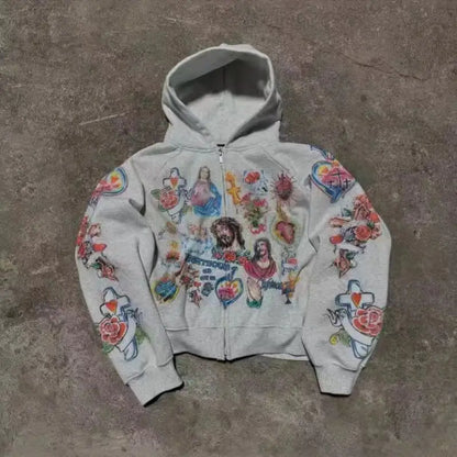 Cartoon Print Hooded Zipper Sweatshirt Loose Fit Comfortable Long Sleeve Women's Casual Streetwear Fashion Sweatshirt