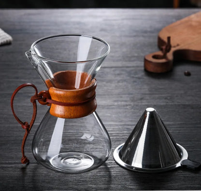 Hand Glass Coffee Kettle with Stainless Steel Filter Drip Brewing Hot Brewer Coffee Pot Dripper Barista Pour Over Coffee Maker