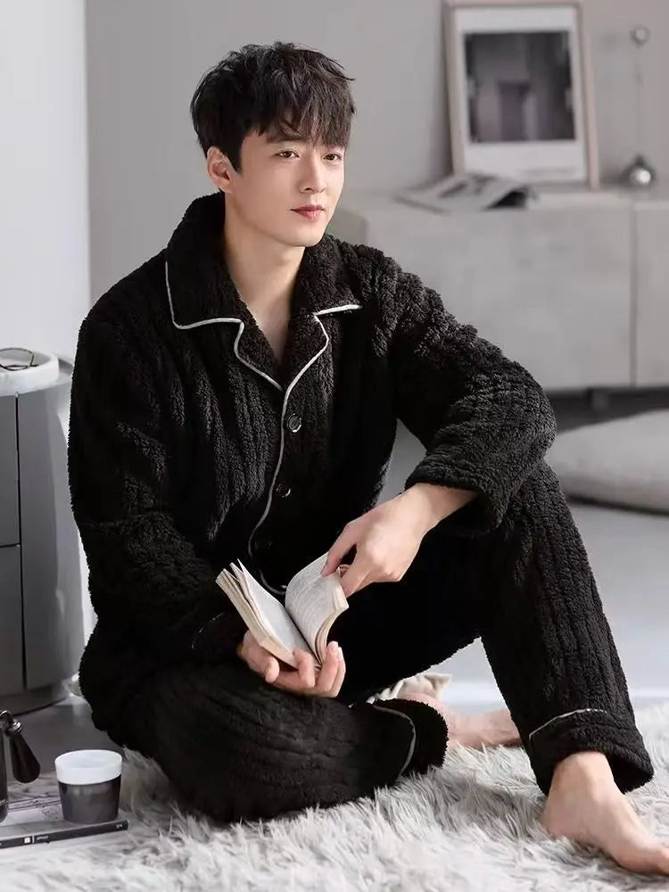 Men's Winter Sleepwear Coral Fleece Thickened Flannel Casual Long Sleeve Pajamas Large Size Home Clothes Chinese Style