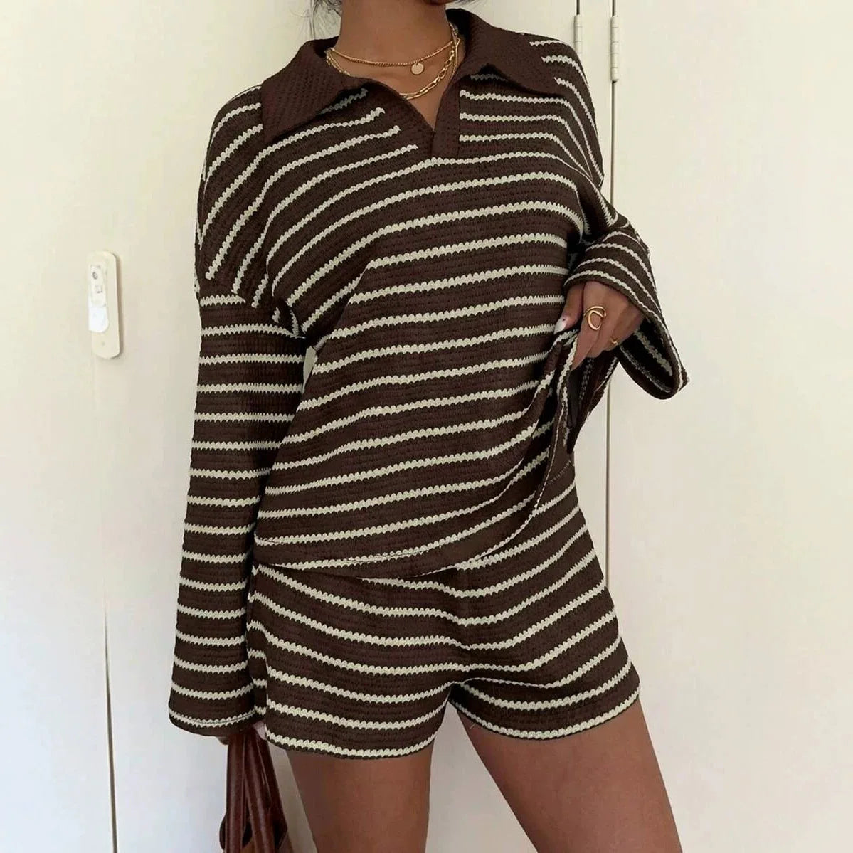 Women Striped Shorts Set Long Sleeve T-Shirt And Loose Casual Pants Breathable Two Piece Outfits For Summer Daily Loungewear