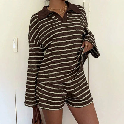Women Striped Shorts Set Long Sleeve T-Shirt And Loose Casual Pants Breathable Two Piece Outfits For Summer Daily Loungewear