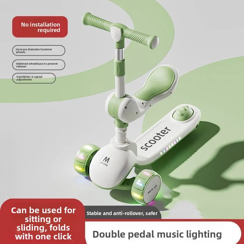 3-in-1 Kids Scooter with Seat, Foldable Toddler Kick Scooter for Boys Girls Ages 1-3-6-10, 3-Wheel Light-Up Ride-On Toy with