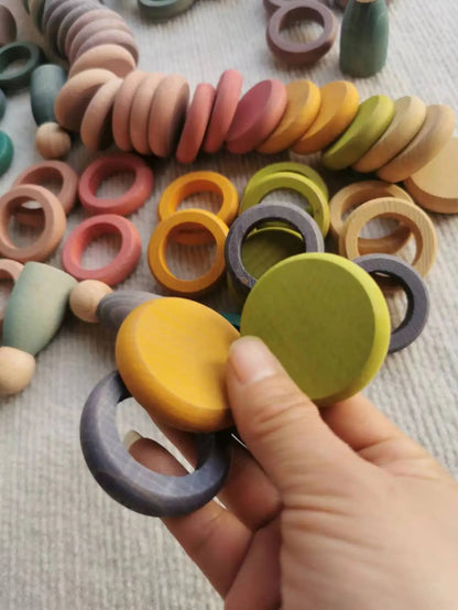 Kids Wooden Toys Beech Rainbow Coins and Rings Stacking Blocks with Peg Dolls Loose Parts