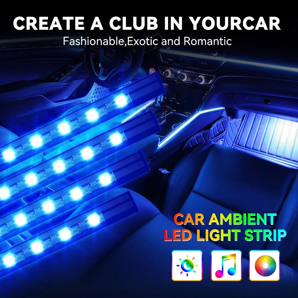 4 IN 1 Car Automotive Ambient Light Neon Foot Light Interior LED Ambient Light Car USB/Cig Music Light Environment Decoration