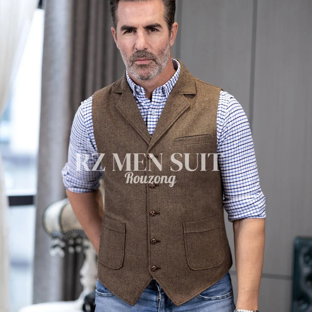 Men's Tweed Suit Vest Western Herringbone Wool Casual Waistcoat for Groomsman chaleco para hombre