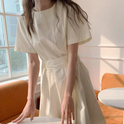 Elegant Pure Color Slim Fit Dress with Belt High Waist Spring Summer Autumn Short Sleeve Casual High Waist Skirt