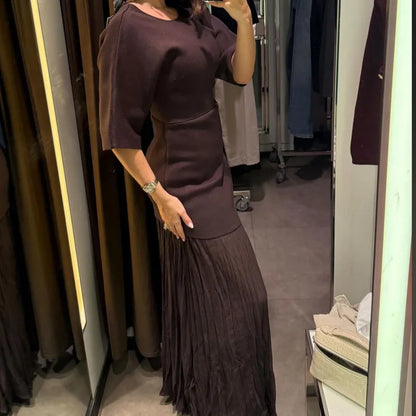 HXAO One Piece Women's Summer Dress Long Knitted Elegant Party Dresses Splicing Pleats Chiffon Short-Sleeved Casual Female Dress