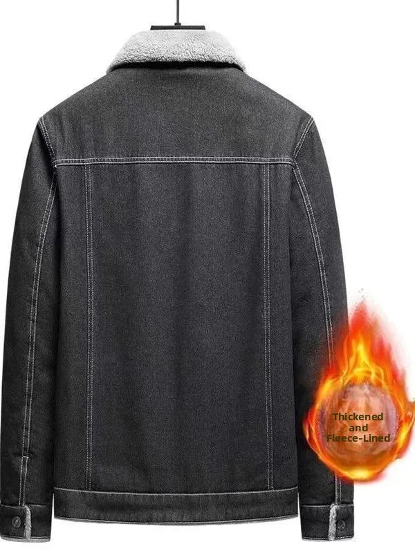 Men's Fleece Lined Thickened Denim Jacket Winter Casual Lapel Workwear Wear Resistant Leisure Coat Sheepskin Fur Vestibule