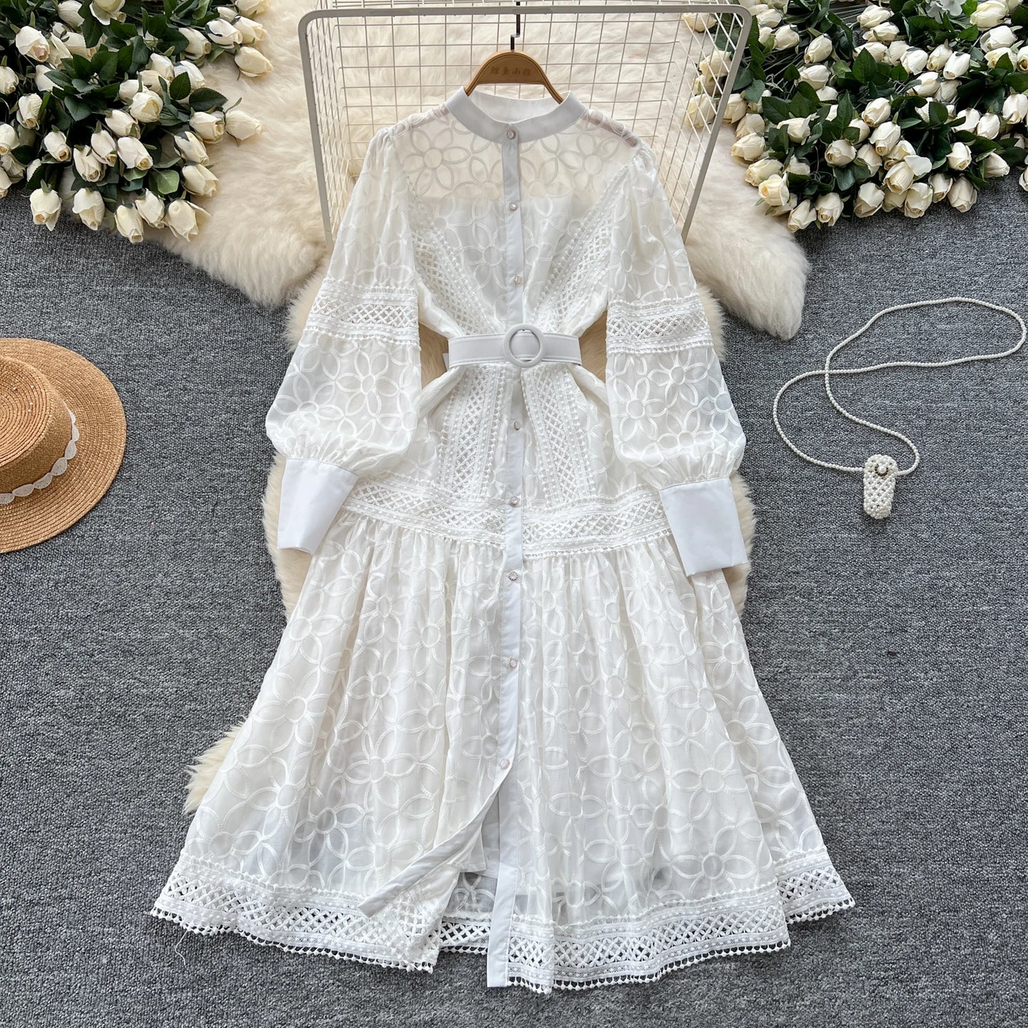 Court Sle Heavy Embroidery Lantern Sve Long Dr Women's Retro Winter Faion High Waist A-Line Dr Korean Version
