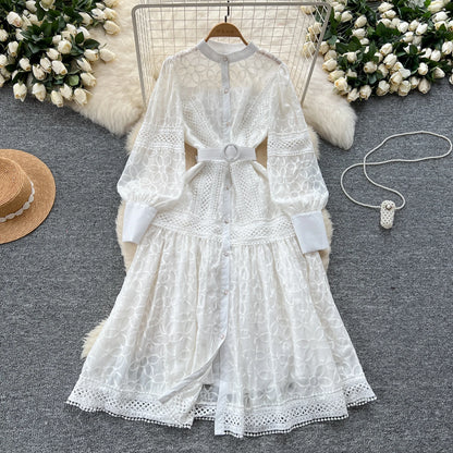 Court Sle Heavy Embroidery Lantern Sve Long Dr Women's Retro Winter Faion High Waist A-Line Dr Korean Version