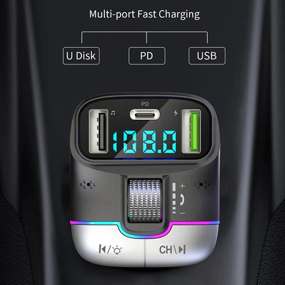 FM Transmitter Bluetooth 5.4 Hands-Free Portable Car AUX Radio Modulator MP3 Player with Fast Charging Adapter
