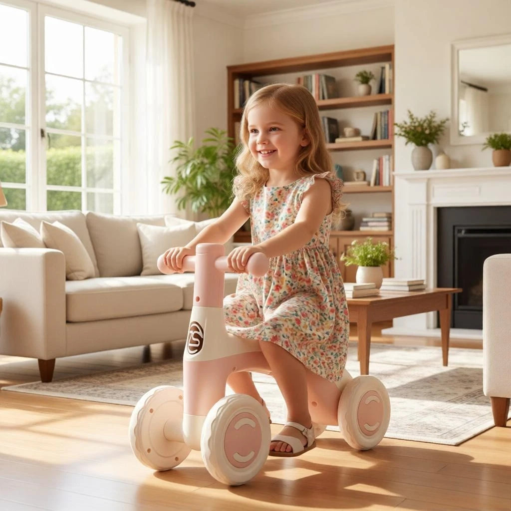4-Wheel Anti-Tip Baby Balance Bike Silent Glider Walker No Pedal Toddler Ride-On Toy for Boys Girls 1-3 Years Kids Training Gift
