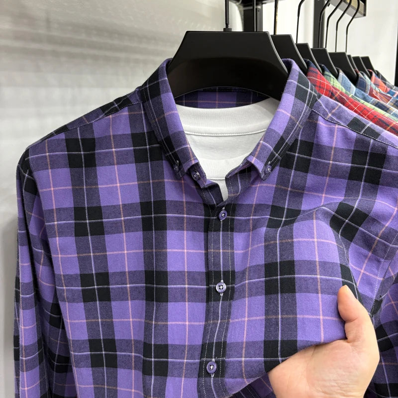 American-style Plaid Long-sleeve Shirt for Men, Pure Cotton Casual Trendy Brand Embroidered Red Shirt Top for Spring and Autumn