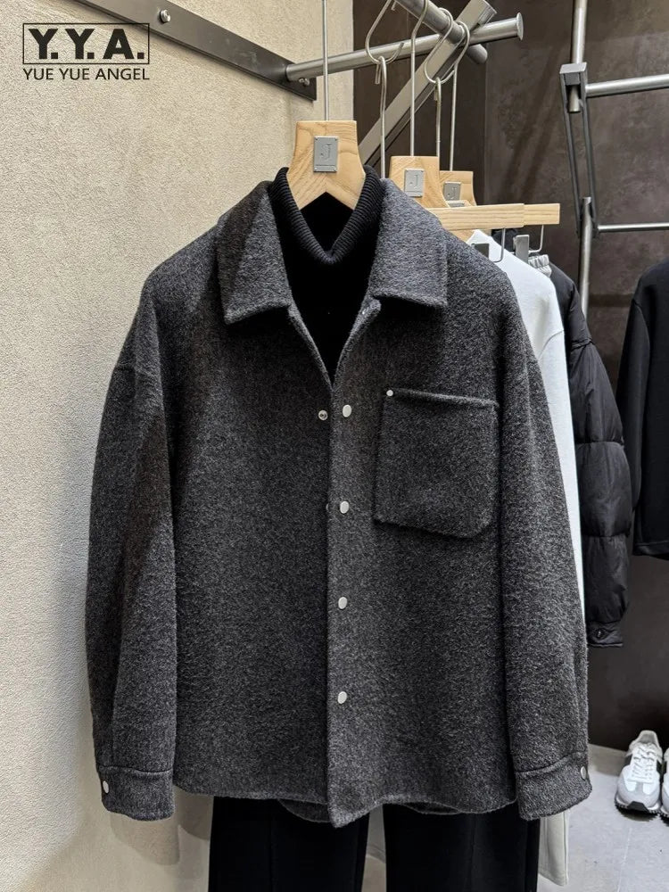 Male Fashion Winter Warm Turn Down Collar Double Sided Jacket Single Breasted Trench Coat Long Sleeves Pocket Loose Fit Overcoat