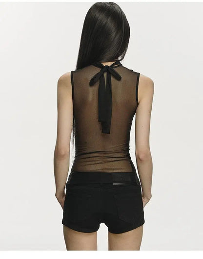 Yedinas Black Back Sheer Summer Tank Tops Sexy Sleeveless Tees Original Design Tanks Slim Korean Fashion Chic 2000s Clothes Y2k
