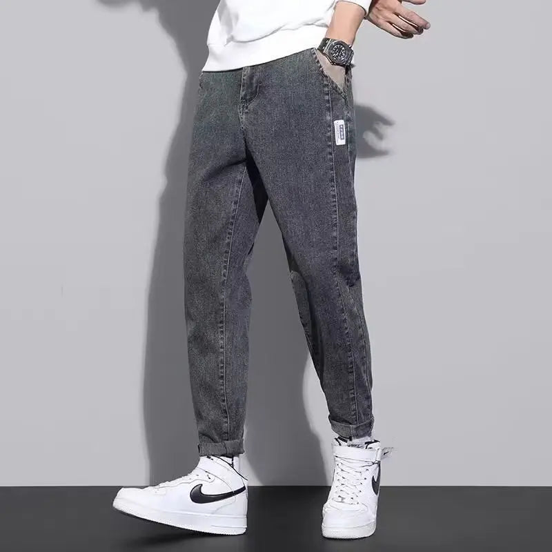 Men Autumn Winter Baggy Straight Leg Casual Jeans Trend Male High Waist Harem Pants Classic Simplicity Blue Black Gray Trousers