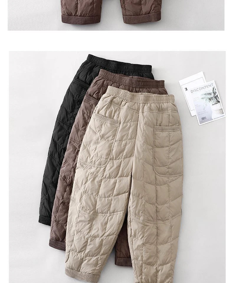 Women's Quilted Pants Casual Lightweight Thickened Warm Harem Style Straight Leg High Waist Long Trousers Winter Fashion