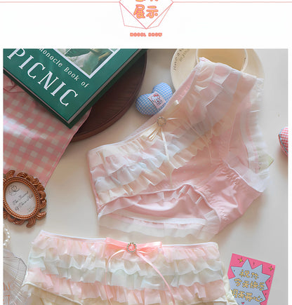 Japanese Lolita Princess Lingerie Women Pure Desire Cake Layer Lace Mesh Cotton Crotch Party Bra Panty Set Cute Comfortable Soft