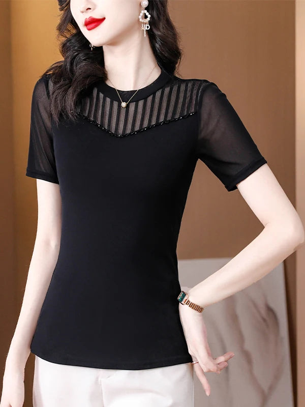 Lace Short Sleeve Slim Fit T-Shirt Women's Summer New Netting Thin Style round Neck Regular Length Pure Color Commute Style