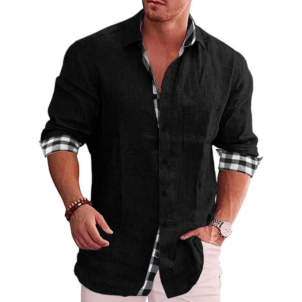 Men's Casual Long Sleeve Cotton Linen Shirt with Checkered Cuff and Pocket Design - Comfortable, Breathable, Plus Size Available