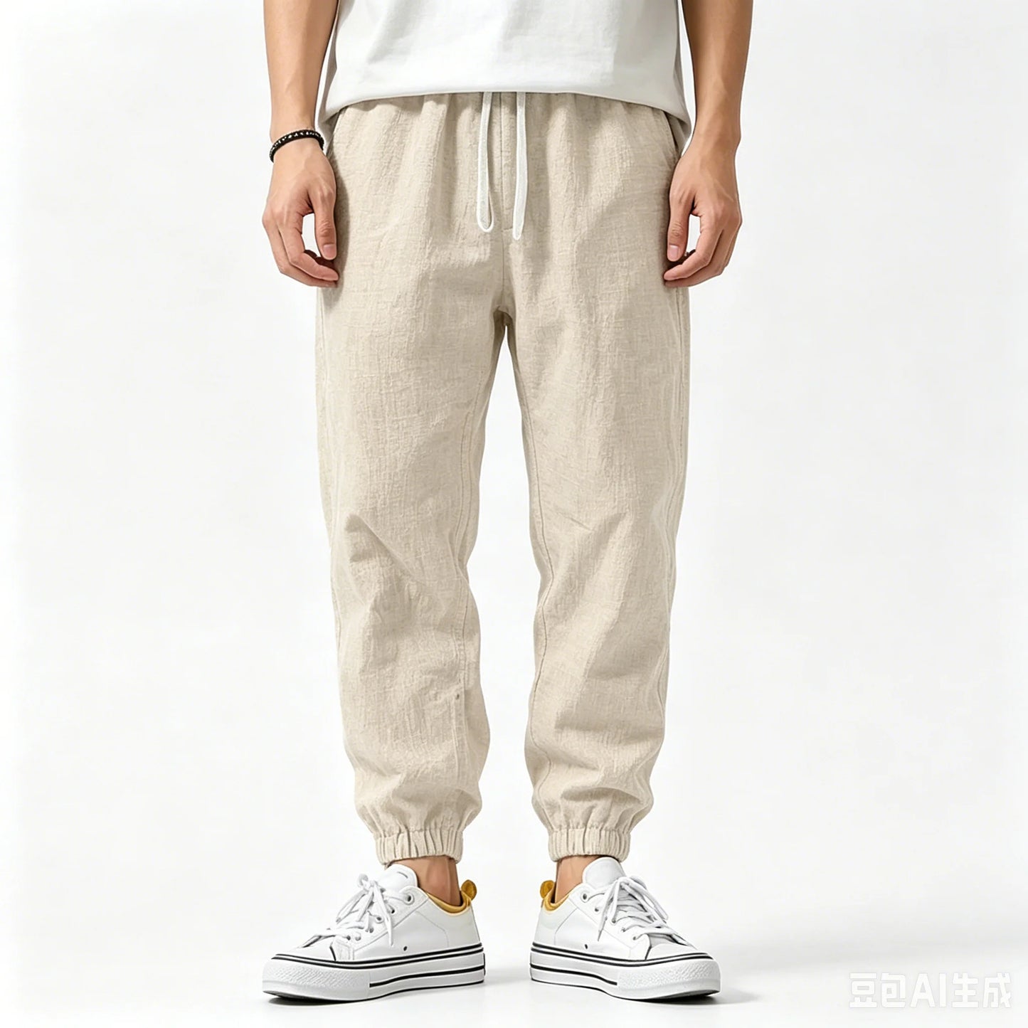 2026 New Men's Cotton Linen Pants, Elastic Waist Solid Color Straight Wide Leg Casual Trousers