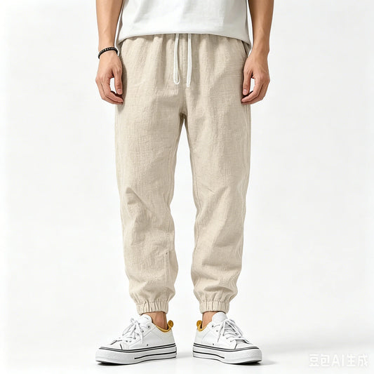 2026 New Men's Cotton Linen Pants, Elastic Waist Solid Color Straight Wide Leg Casual Trousers