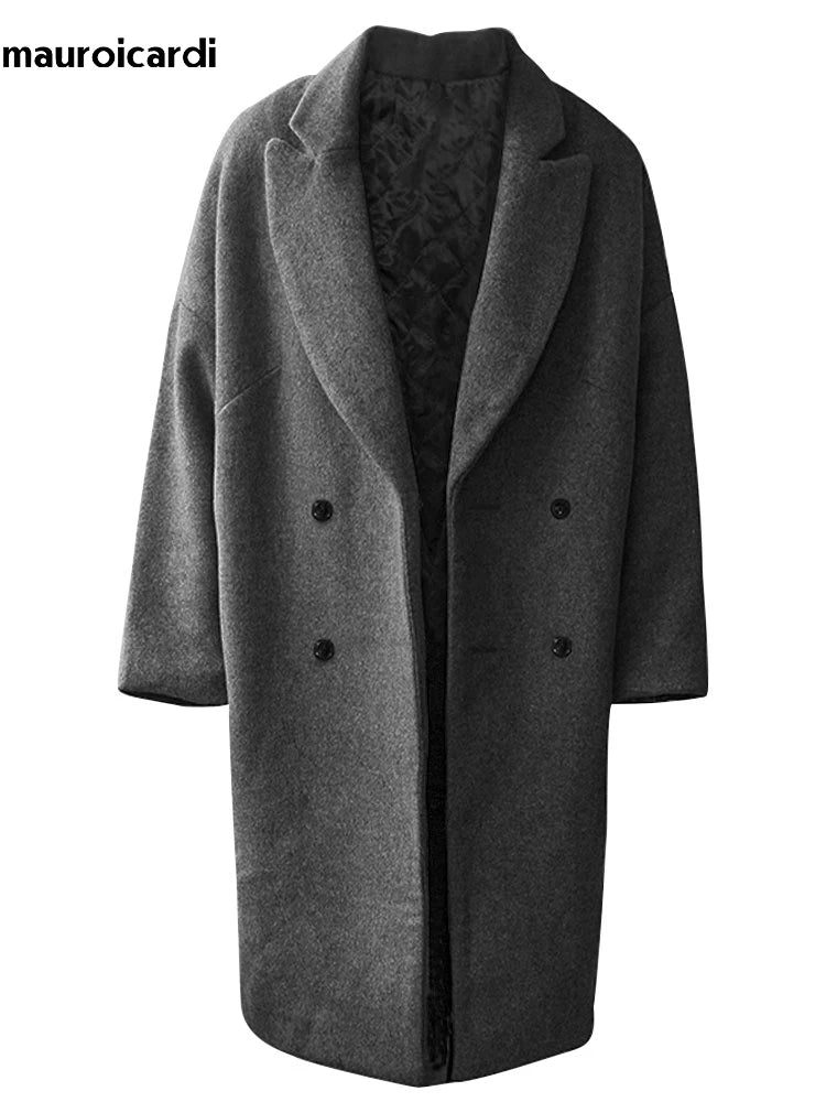 Mauroicardi Autumn Winter Loose Casual Grey Black Soft Warm Woolen Cocoon Coat Men Lapel Double Breasted Korean Fashion 2022