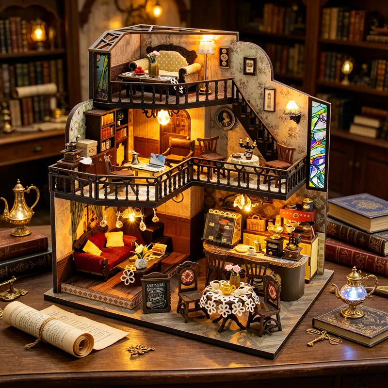 Zuuton Retro Coffee House DIY Miniature Dollhouse Kit 3D Wooden Puzzle Loft Building Kit with LED Light and Full Furniture Gifts