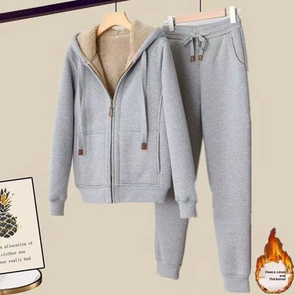 Thickened Fleece Hooded Long Sleeve Sports Casual Set Women Winter Style Cleanfit Short Jacket Trendy Sports Pants