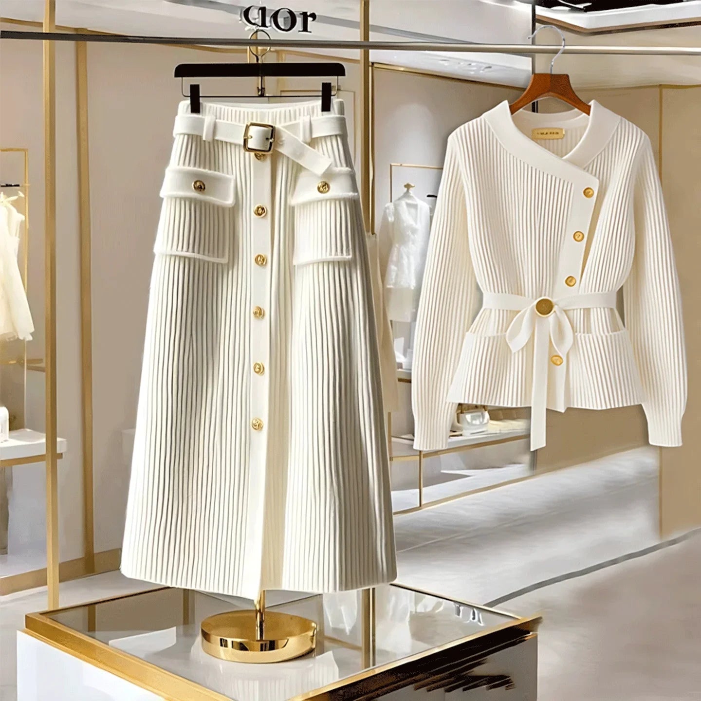 Elegant Autumn Winter Knitted Sweater Long Sleeve Women's Skirt Set High Waist Loose Fit Fashionable Two-Piece Ensemble