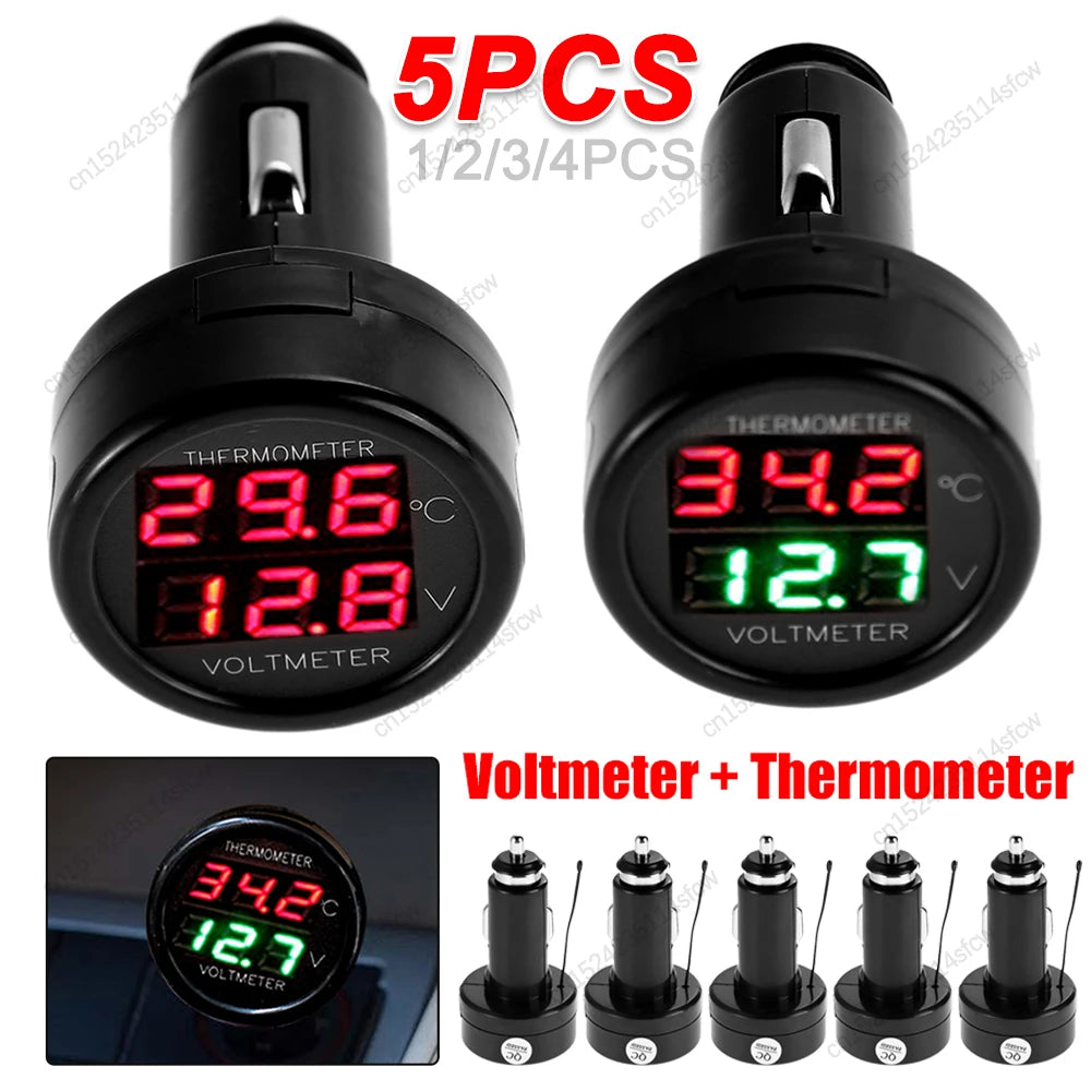 2 IN 1 12V 24V Car Voltmeter Thermometer Cigarette Lighter Car Battery Monitor LED Digital Dual Display For Cars Trucks RVs Boat