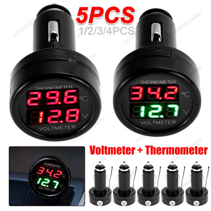 2 IN 1 12V 24V Car Voltmeter Thermometer Cigarette Lighter Car Battery Monitor LED Digital Dual Display For Cars Trucks RVs Boat