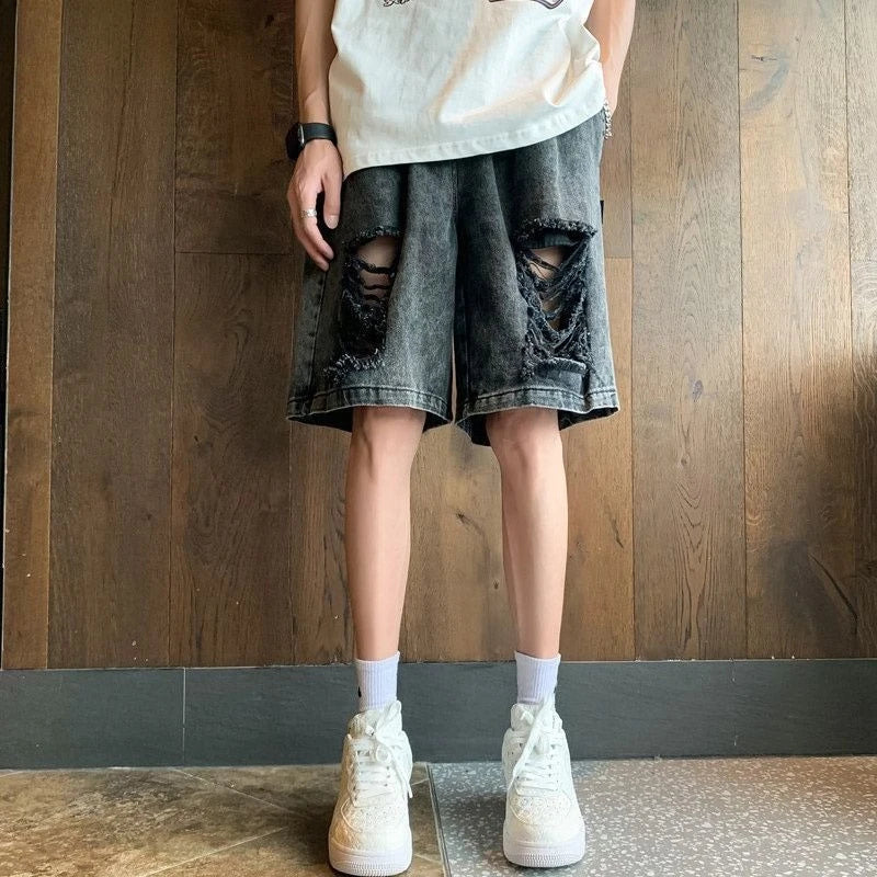Men's Summer Pink Ripped Denim Shorts Lightweight Baggy Knee-length American High Street Trendy Distressed Casual Fashion Style