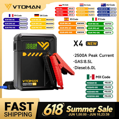 VTOMAN X4 Car Jump Starter 2500A Car Power Bank 4 In 1 with Portable Air Compressor Car Starter Booster for 8.5L Gas/6.0L Diesel