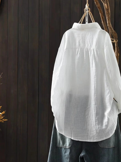 Cotton Linen Women's Shirt Spring New Style Artistic Retro Embroidery Turn-down Collar  Color Long Sleeve Top