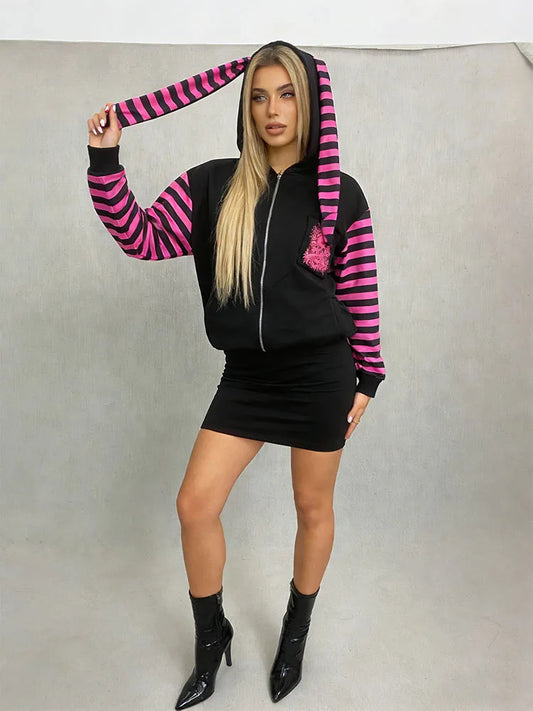 2026Y2K Goth Women's Bunny Ear Zip Up Hoodie Skull Print Striped Punk Aesthetic Streetwear Hooded Sweatshirt